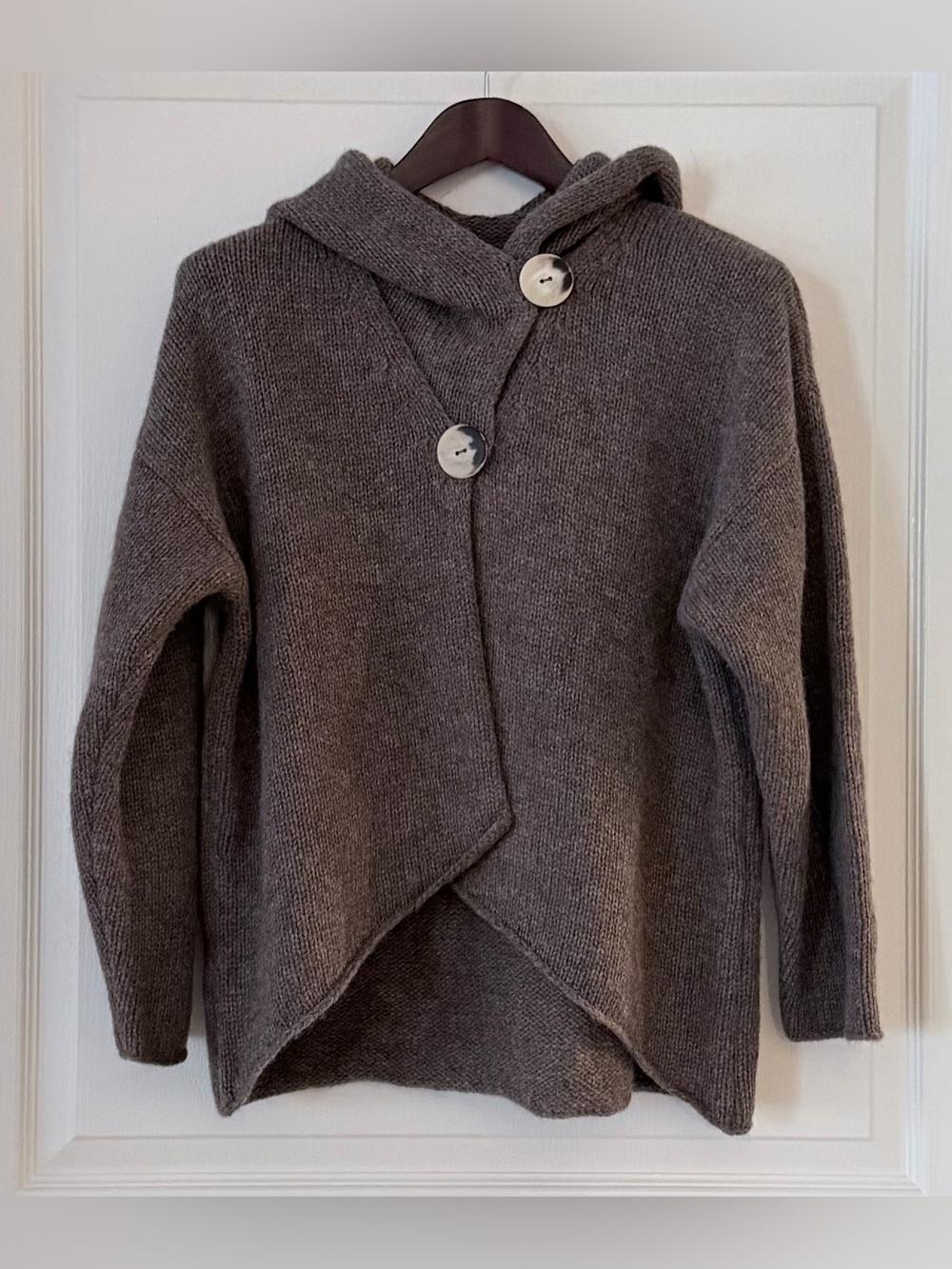 Cozy Hooded Asymmetric Button Sweater With Dramatic Tassel Hood